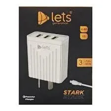 CARGADOR 220V LETS MOD08 - 4,4 A - 3 USB + CABLE V8 - BLANCO